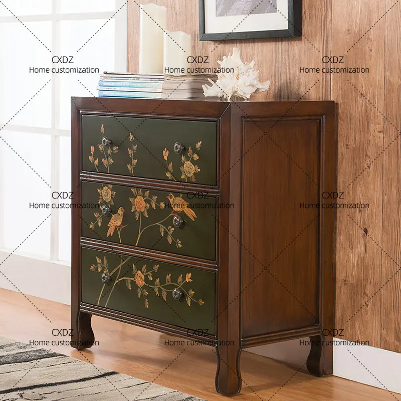 Bucket cabinet retro painted flower and bird three bucket cabinet living room bedroom against the wall side cabinet