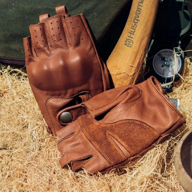 Open Finger Leather Motorcycle Gloves Anti Slip Cowhide Riding Gloves Retro Unisex Durable for Men Women