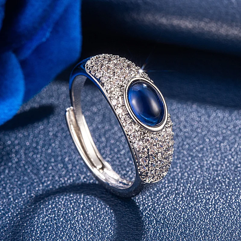 Shiny All Pave White Zircon Ring Oval Cabochon Blue Topaz Center Stone Silver Plated Adjustable Ladies Daily Cocktail Ring