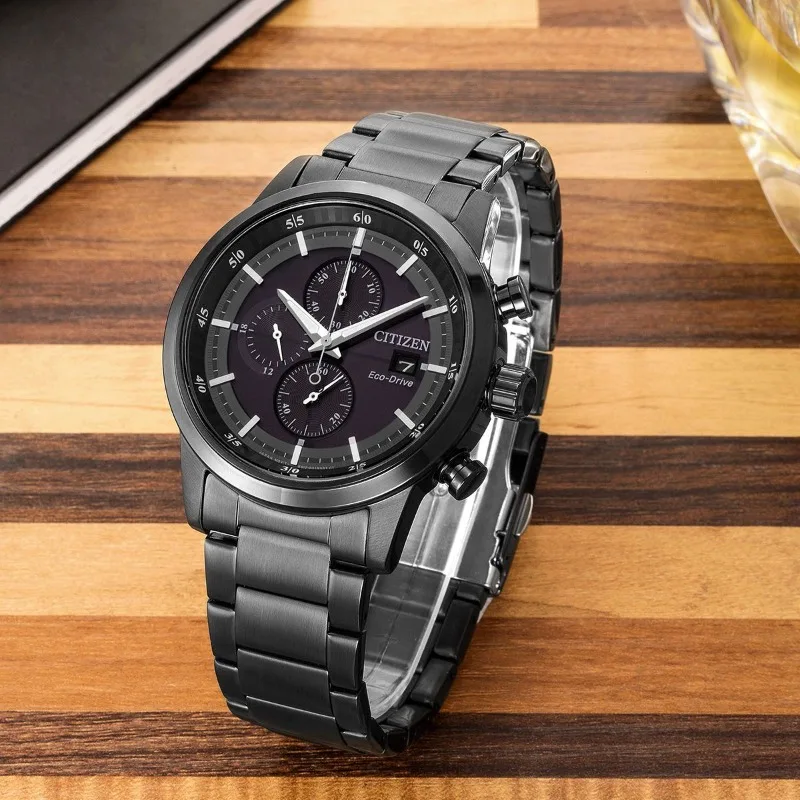 Citizen CA0615‑59E Eco‑Drive Chronograph Watch Black IP Stainless Steel 43MM Case Date & 24H Display Luminous 10Bar Waterproof
