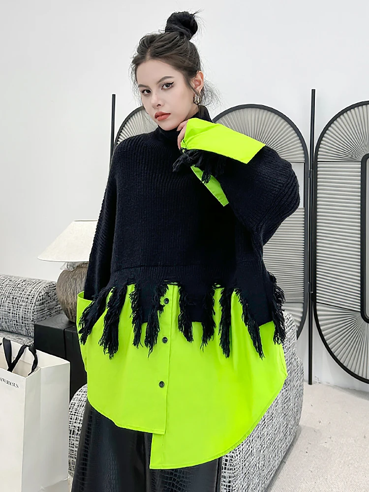 

Spring Women's Loose High Collar Sweater Fashionable Splicing Style Commute Top Color Block Design Long Sleeve Thermal Knitted