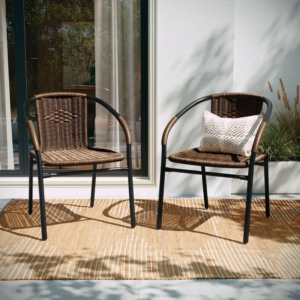 

Free Delivery - 2 Pack Medium Brown Rattan Indoor-Outdoor Restaurant Stack Chair with Curved Back