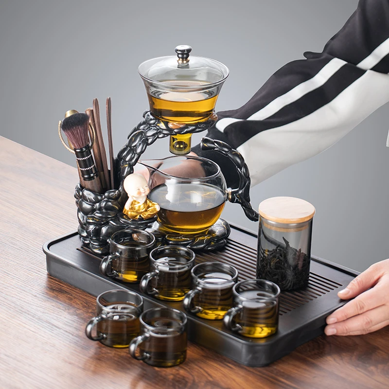 Magnetic lazy tea set 1 set - automatic little monk glass teapot, tea cup, tea can, tea tray Chinese Kung Fu tea set