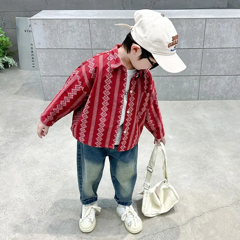 Bohemian Retro Boys Striped Floral Long Sleeve Cotton Shirt Kids Spring Casual Wear