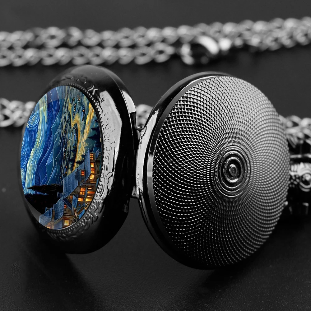 Classic Famous Painting Starry Sky Pattern Quartz Pocket Watch with Black Necklace Pendant  Analog Display for Women Men Kids
