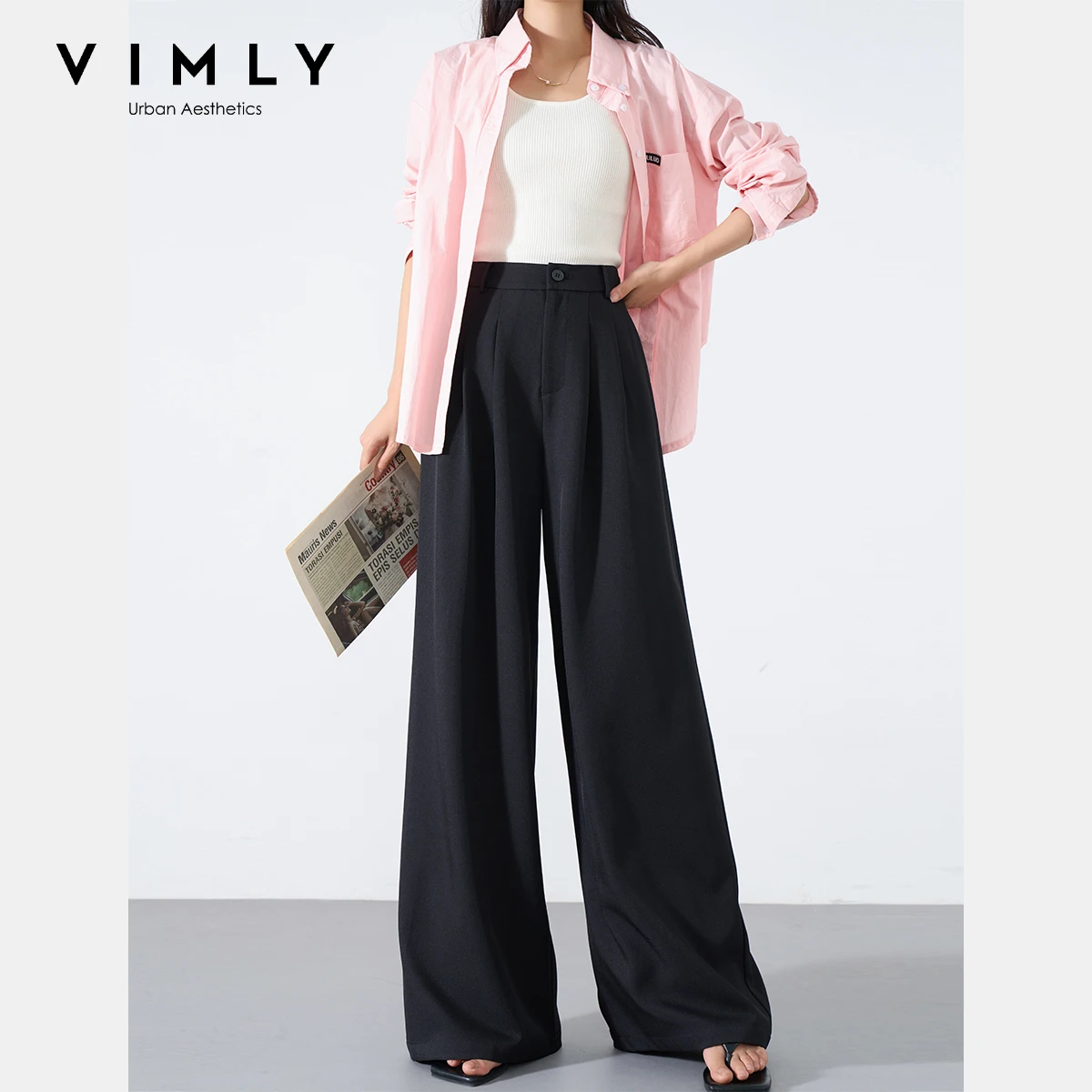 

VIMLY Black Suit Pants Women 2025 Spring Autumn High Waist Wide Leg Dress Pants Female Commute Long Trousers Office Wear M8760