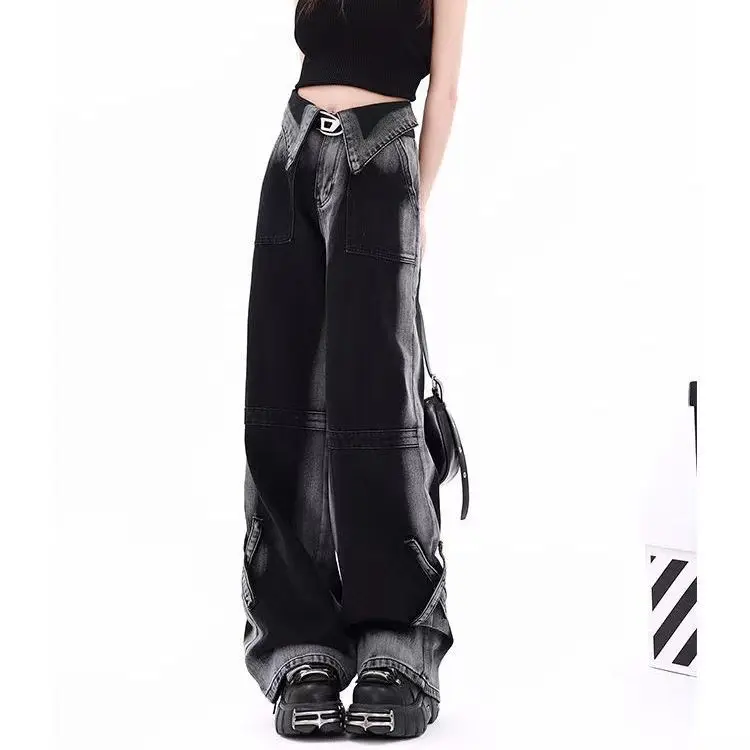 American Style Dopamine High Street Cuffed Jeans For Women, Autumn New Design, Loose Fit, Slimming, Versatile Wide-Leg Pants