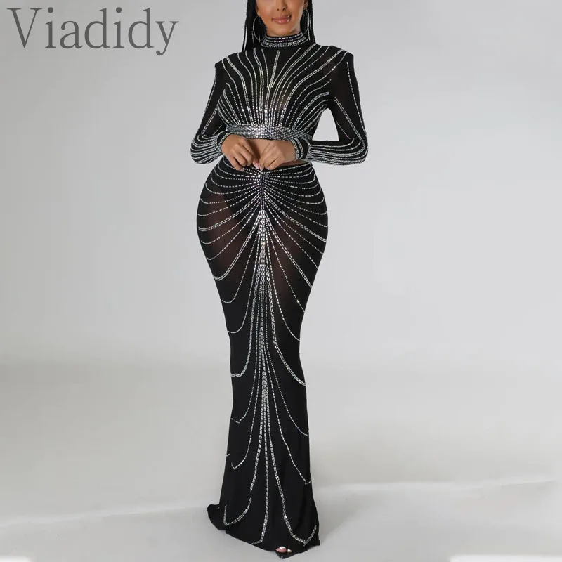 Women Sexy See Through Sheer Mesh Rhinestone Decor Long Sleeve Top and High Waist Mermaid Skirt 2pcs Set