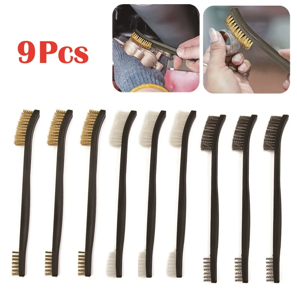 9Pcs Wire Brush Brass Nylon Steel Brushes Dual-head 17cm For Metal Rust Removal Cleaning Polishing Trimming Manual Tools