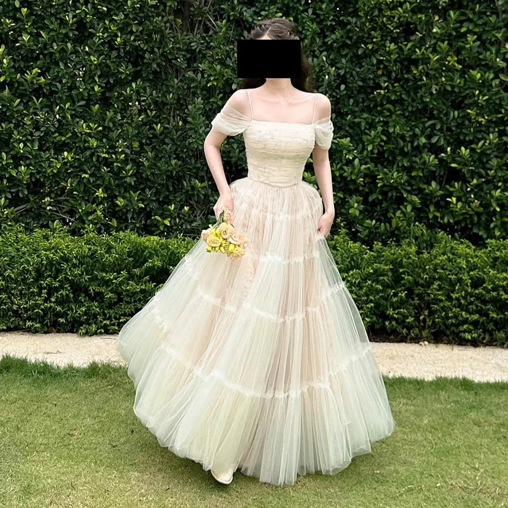 

A-Line Floor Length Evening Dress Strapless Off the Shoulder Tulle Sleeveless Pleats Party Gowns Photo Color Temperament
