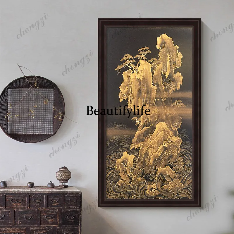 Retro style golden bamboo forest entrance corridor decoration, vertical hanging paintings, light luxury, murals