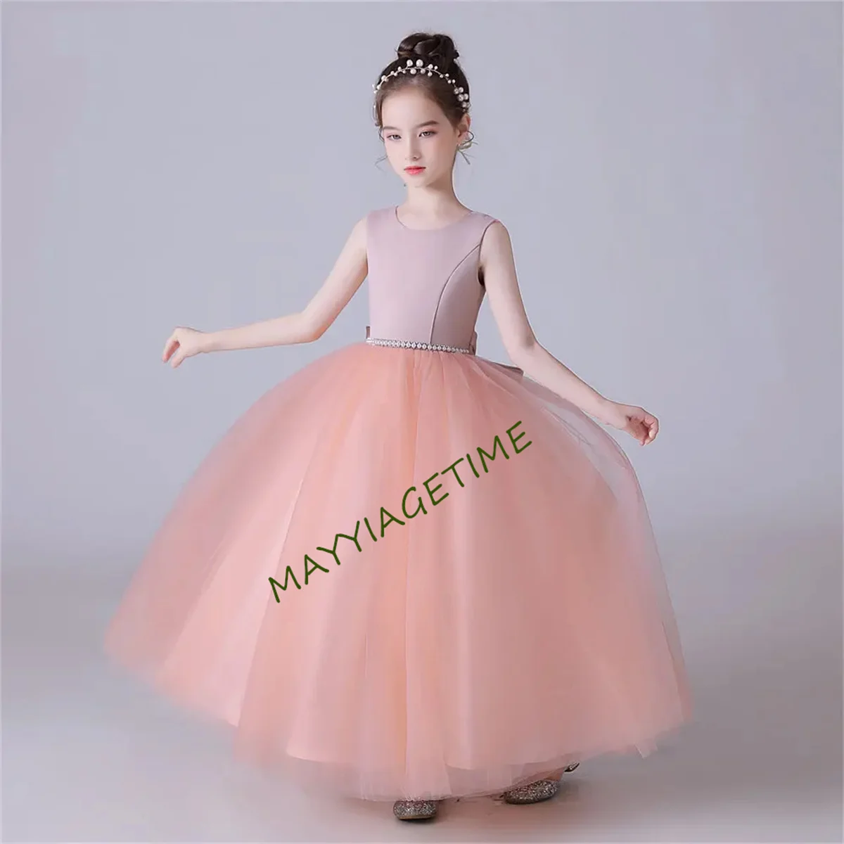 Girls Birthday Party Gown Backless Bow Tulle Princess Pageant Ball Gown Flower Girl Dress Junior Bridesmaid