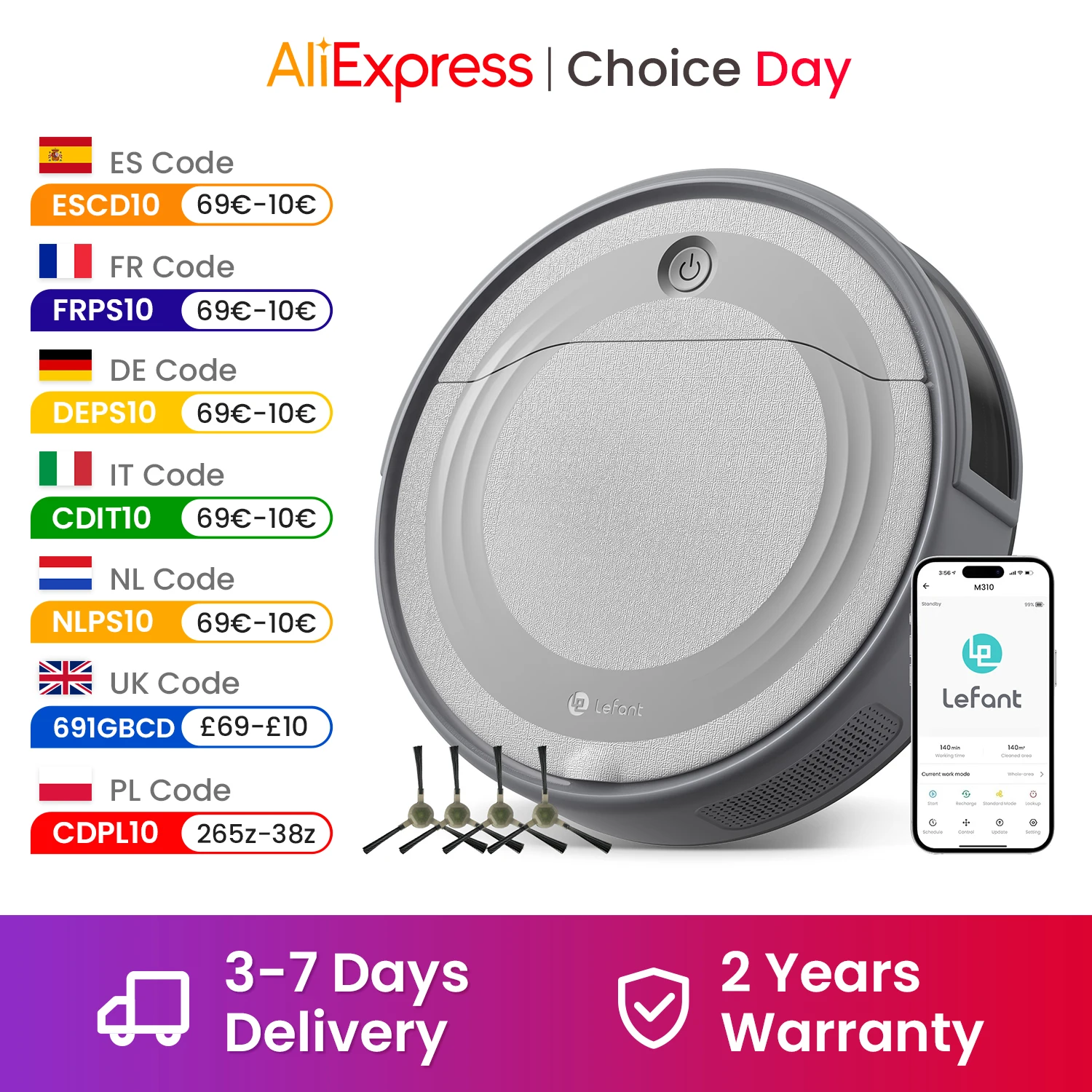 Lefant M310 Robot aspirateur 4500PA aspiration puissante 180 minutes, contrôle App/Alexa idéal pour les poils d'animaux et les sols durs