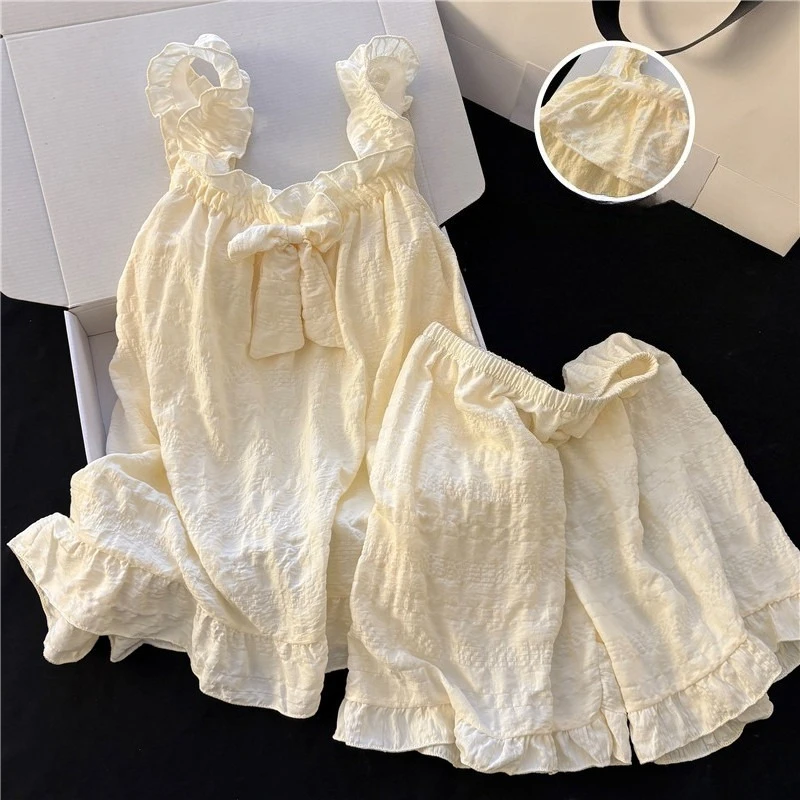 Summer Women Cute Bow Cami Pajamas Set Spaghetti Strap Shorts Ruffle Trim Textured Sleepwear Two Piece Loungewear