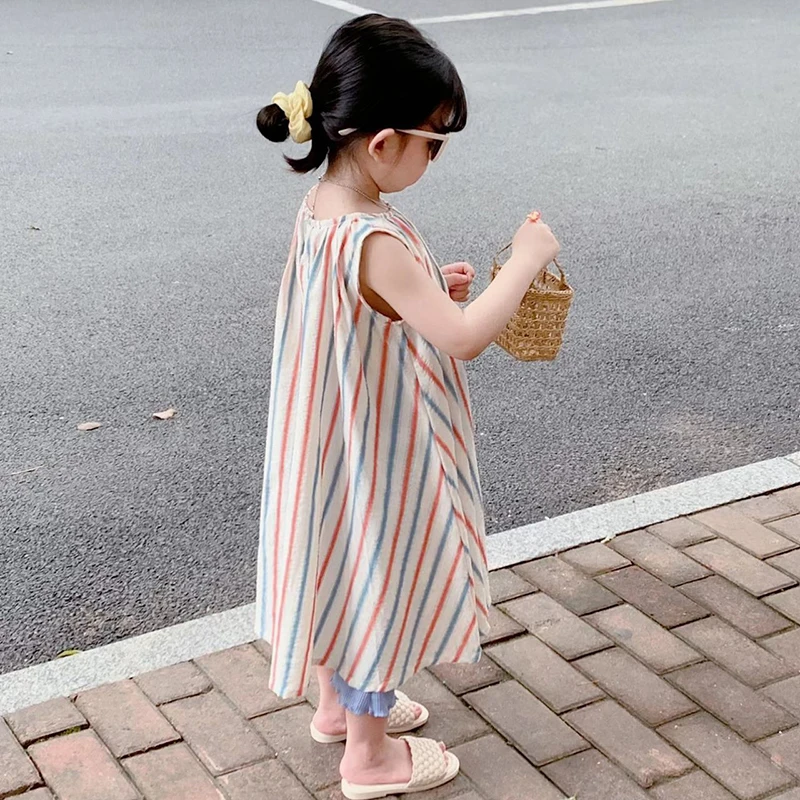 

Summer New Girls Dress Korean Sen Series Girls Stripe Sleeveless Tank Top Long Dress Korean Style Girls Dress