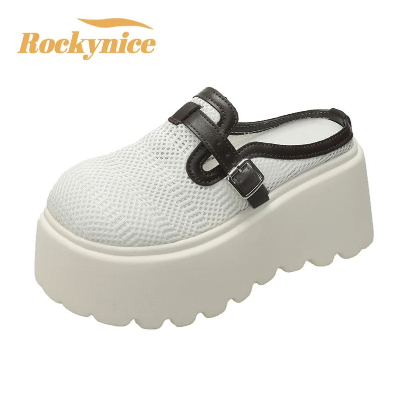 

Женские массивные тапочки на высоком каблуке 9 см, новые летние женские кроссовки на платформе с пряжкой, сандалии на танкетке, шлепанцы, обувь Zandalias De Mujer