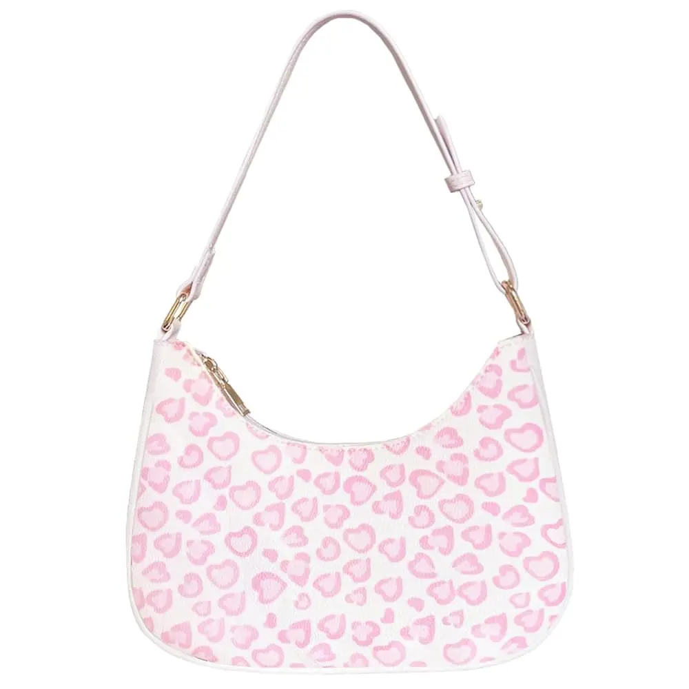 

Small Pink Crescent Shoulder Bag Underarm Purse with Cherry Strawberry Leopard Ballet Prints | pink