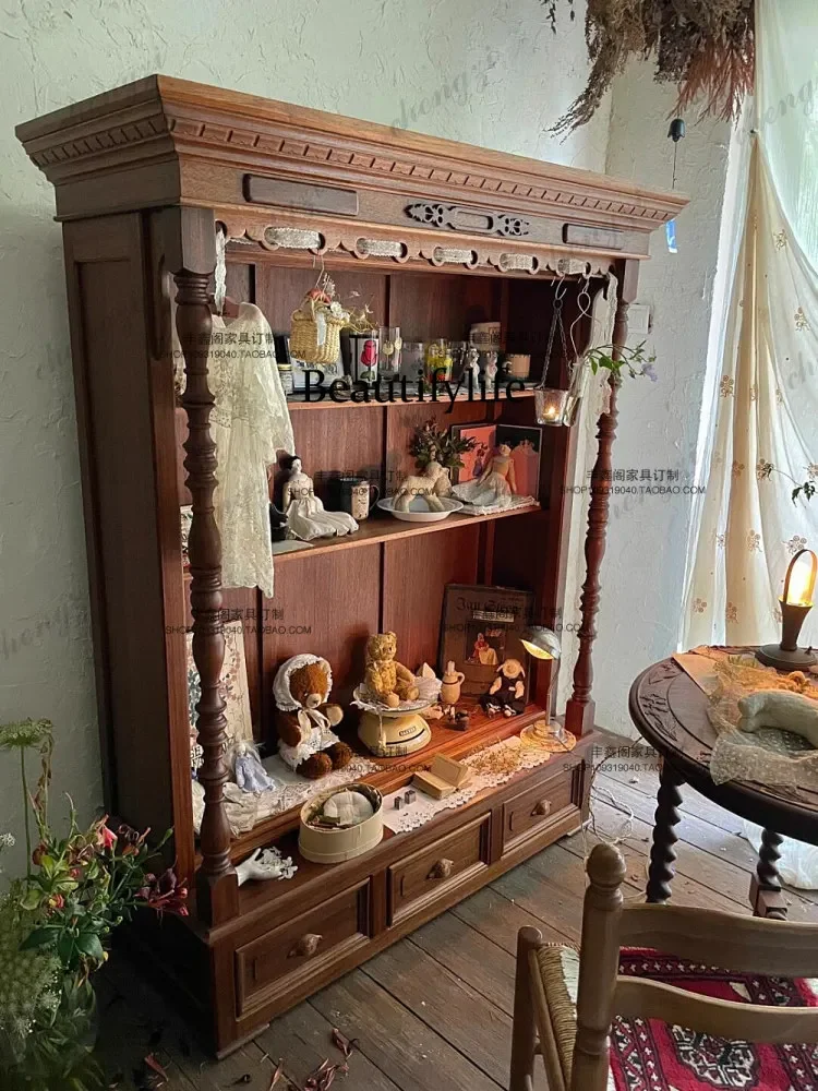 A5203 French retro solid wood bookcase medieval old glass display case sliding door carved storage display case