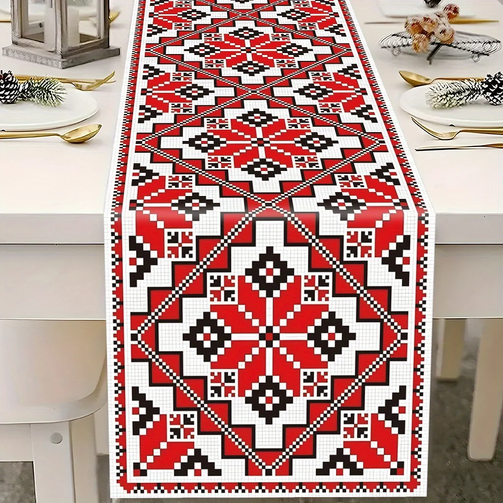 Ethnic Pattern Table Runner Polyester Fiber Geometric Red Black Design Decorative Table Cloth for Dining Table Kitchen Party