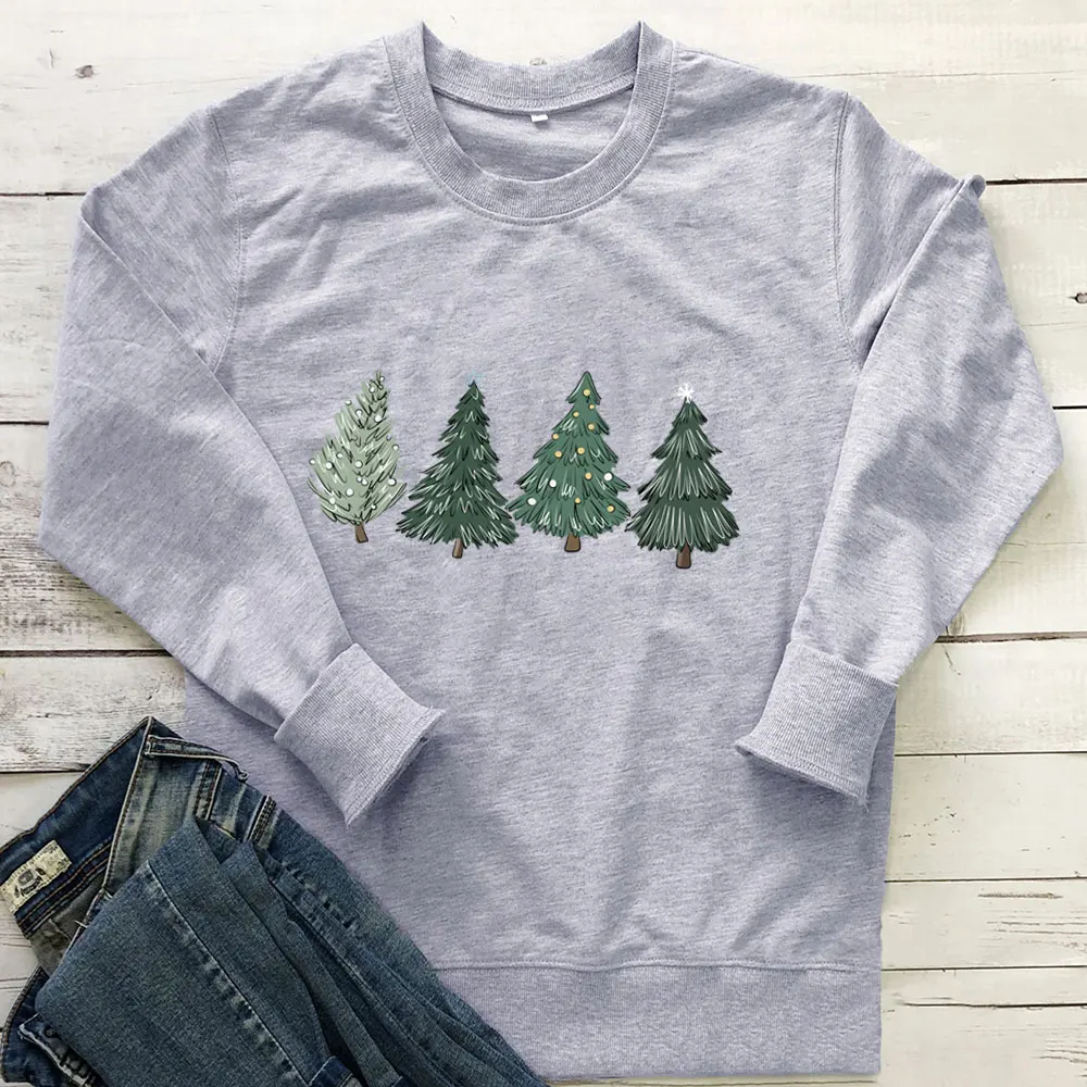 

Christmas Tree Printed Christmas Sweatshirt 100%Cotton Women Sweatshirt Unisex Autumn Winter Funny Casual Long Sleeve Top