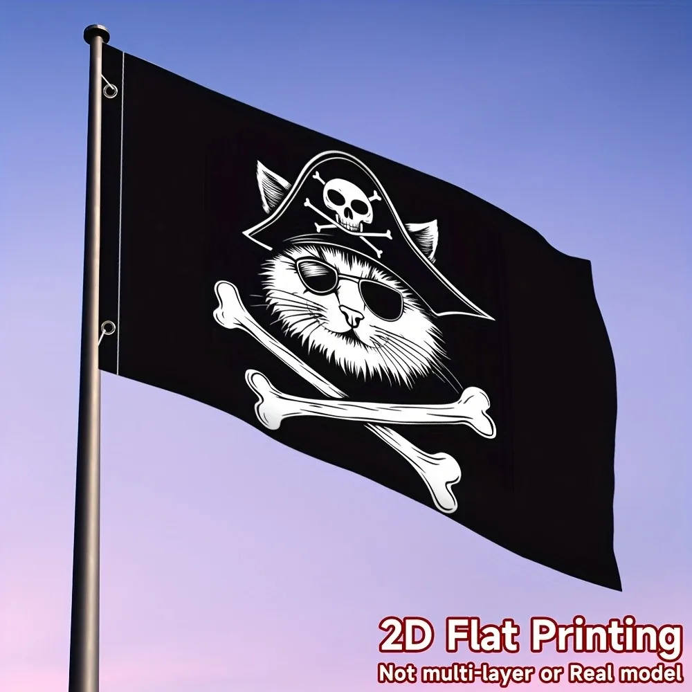 Pirate Cat Skull Flag Black Polyester Outdoor Party Decor Mardi Gras Banner