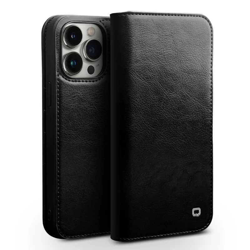 Qialino Brand Genuine Leather Flip Phone Cover Cases For Iphone 14 15 16 13 Pro Max Plus Real Cowhide Case Kickstand Card Pocket