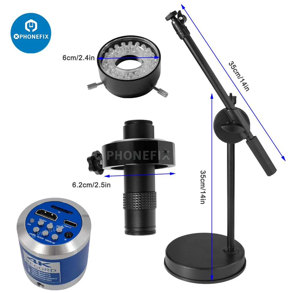 

48MP 4K 1080P Industrial Video HDMI Microscope Camera 1X-130X Zoom C Mount Lens Tabletop Tripods Stand For PCB Soldering Repair