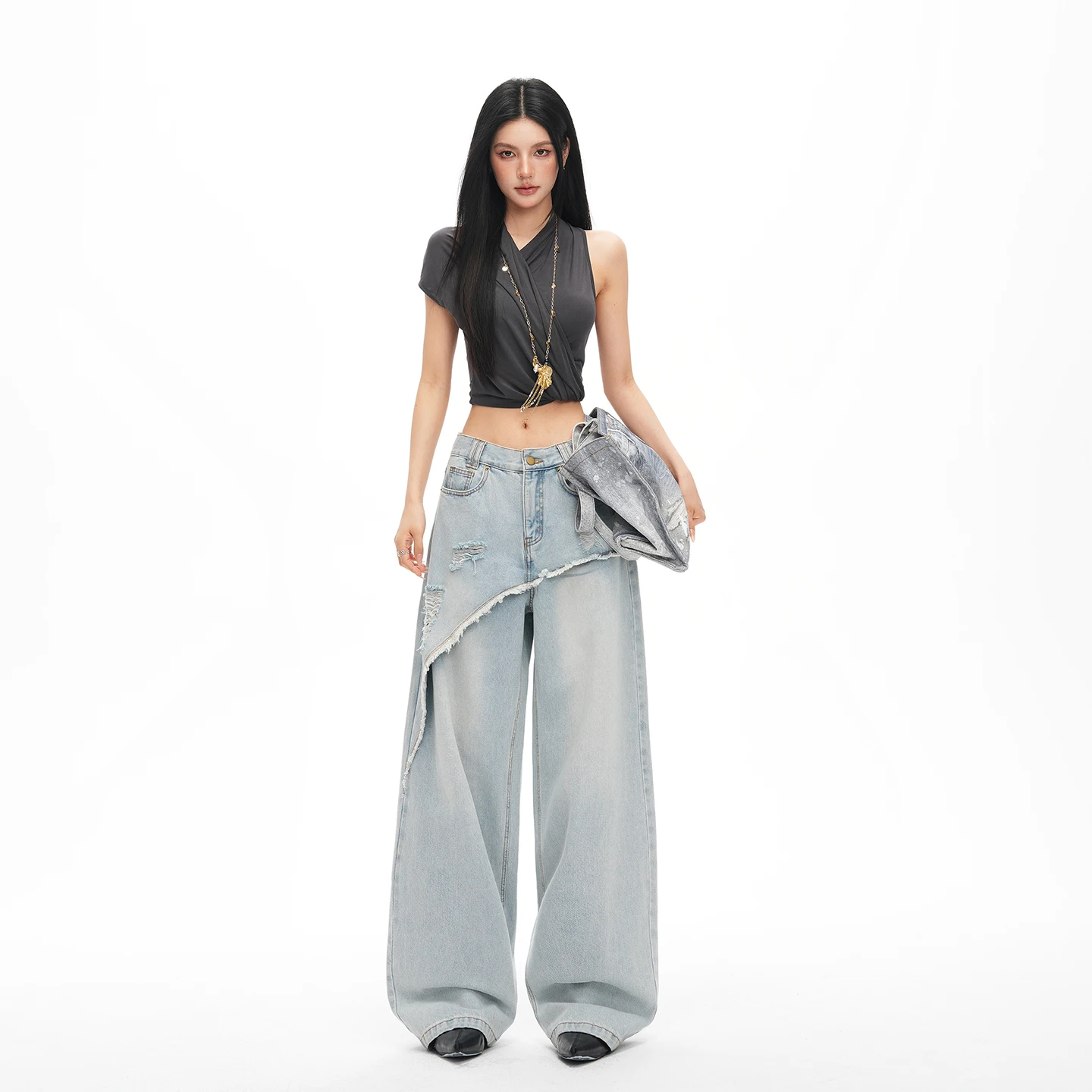 Women's Della Street Diagonal Patch Design Loose Wide Leg Fake Two Piece Distressed Jeans