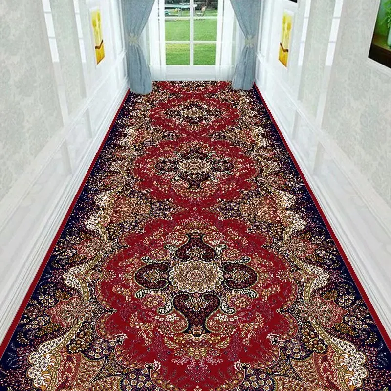 Persian Retro Luxury Antiskid Long Corridor Carpet Exquisite Foldable Lint-free Hall Runner Rug Easy Clean Soft Passageway Mat