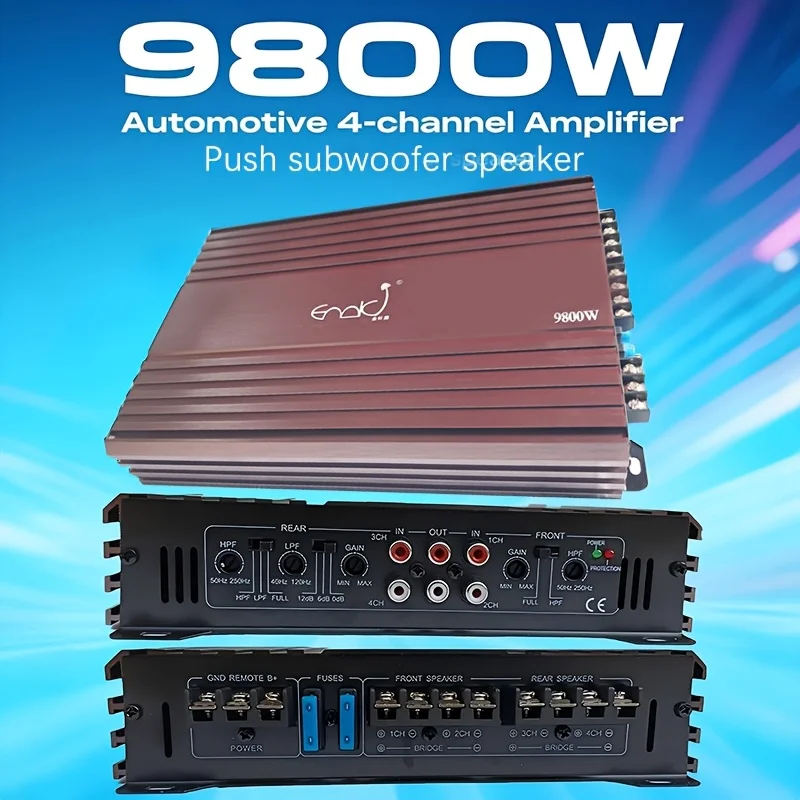 9800W 4Channel Car Amplifier，Heavy-duty aluminum alloy structure，High heat dissipation performance，RCAInput/Output fuse protecti
