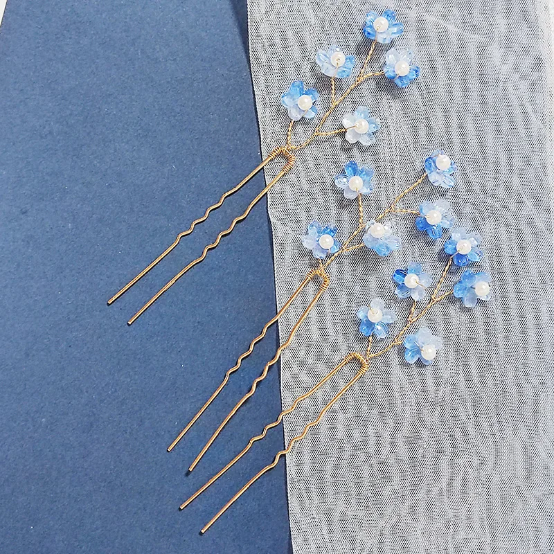 

Chinese Style Hairpin For Women Vintage Blue Flower Hair Stick Exquisite Clear Floral Pearl Hairpin Jewelry Hair Accessories