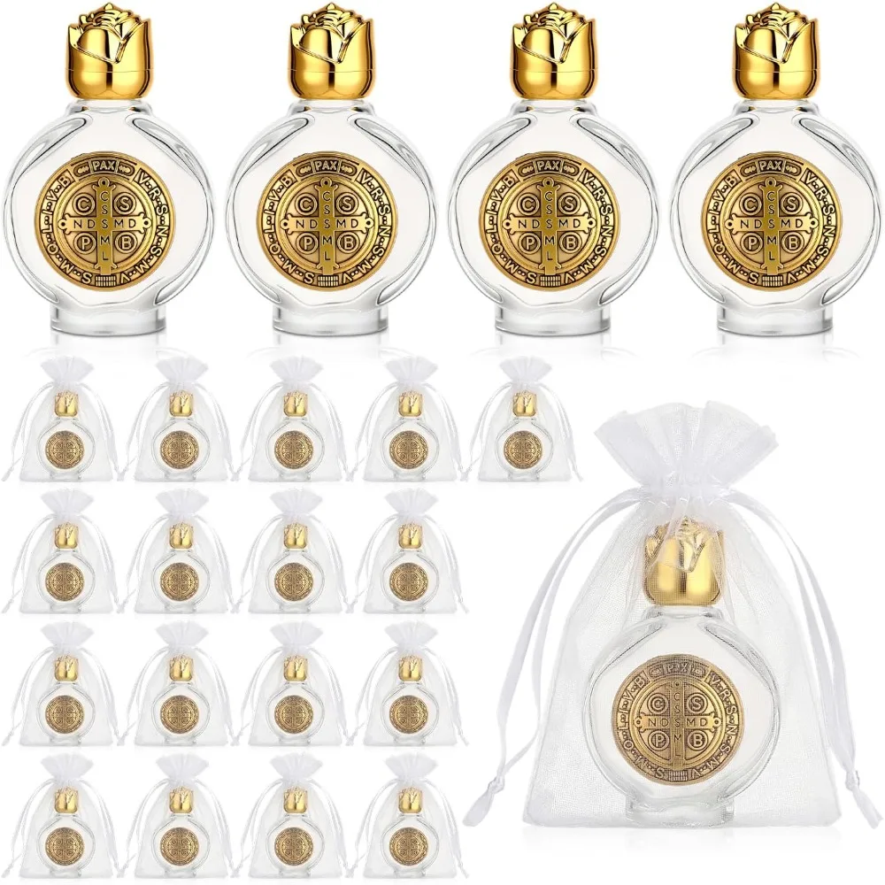2/5/10 Sets HolyWater Bottles 15ml Glass W/ StBenedict Medal & Bag for Baptism Communion Favors