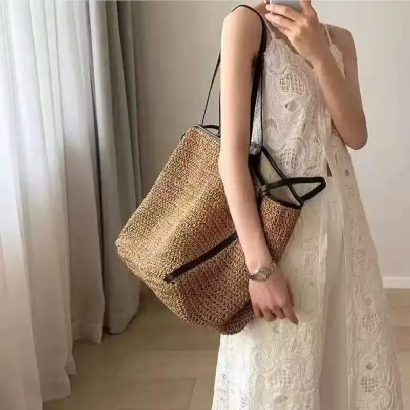

Индивидуальная большая сумка из соломенной ткани в стиле ретро, женская тканая сумка на плечо большой вместимости, женская повседневная пляжная сумка для отдыха, новинка 2023 года