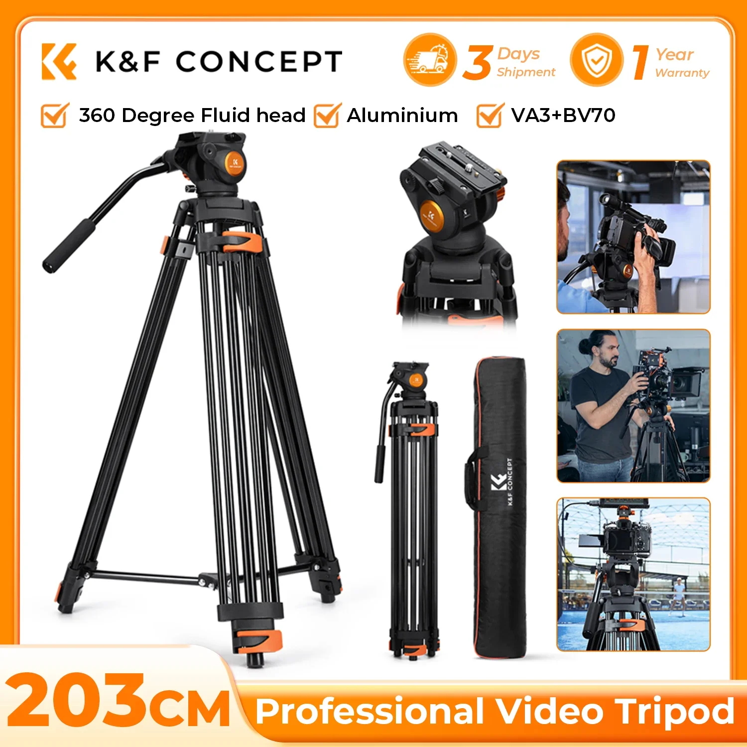 K&F CONCEPT 80 Zoll Video Stativ mit Fluidkopf Aluminium Schwerlast-Kamerastativ Sanfte Reibungsdämpfung Schnellverschluss für DSLR