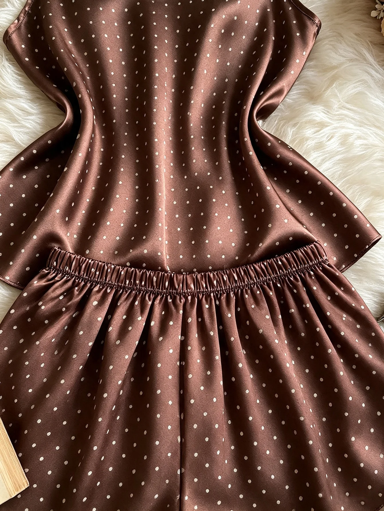 New Fashion Women Polka Dot Print Satin 2Pcs Pajama Set Elegant Round Neck Top Elastic Waist Shorts Ladies Home Sleepwear view 5