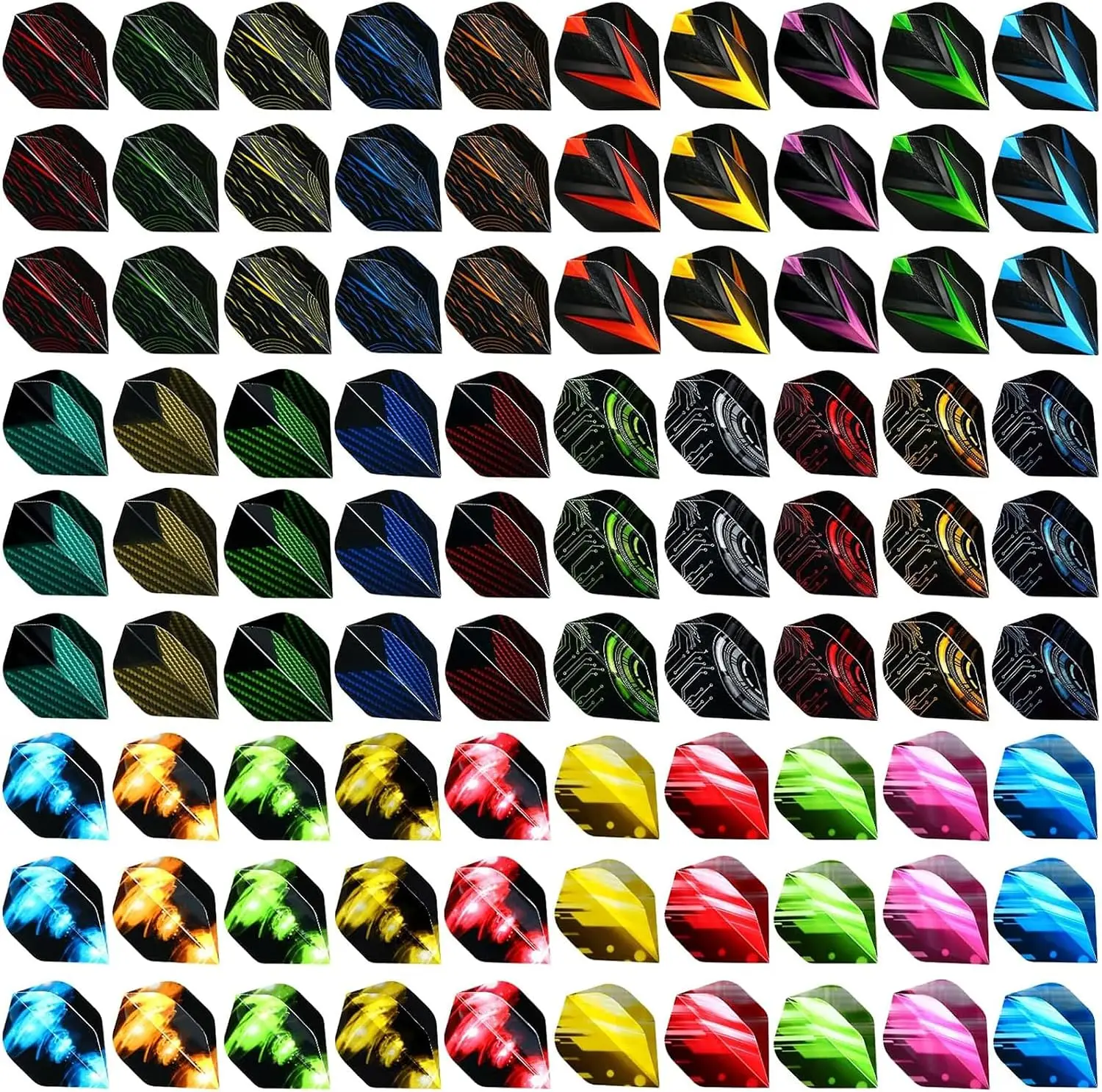 30 Set different designs, 3Pcs per pattern, 90 pieces dart flights in total and 6pcs extra dart flight protectors