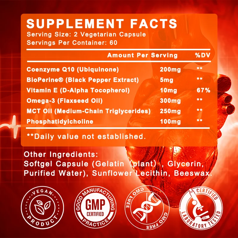 COQ10 Coenzyme Q10 200mg for Energy, Antioxidant, Cardiovascular, Brain Health Natural Non-GMO