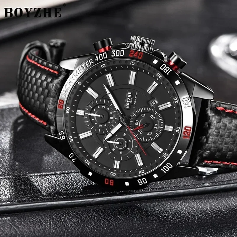 BOYZHE Business Men Mechanical Watch Automatic Week Month Calendar Display Luminous Waterproof Sport Wrist Watches for Men reloj