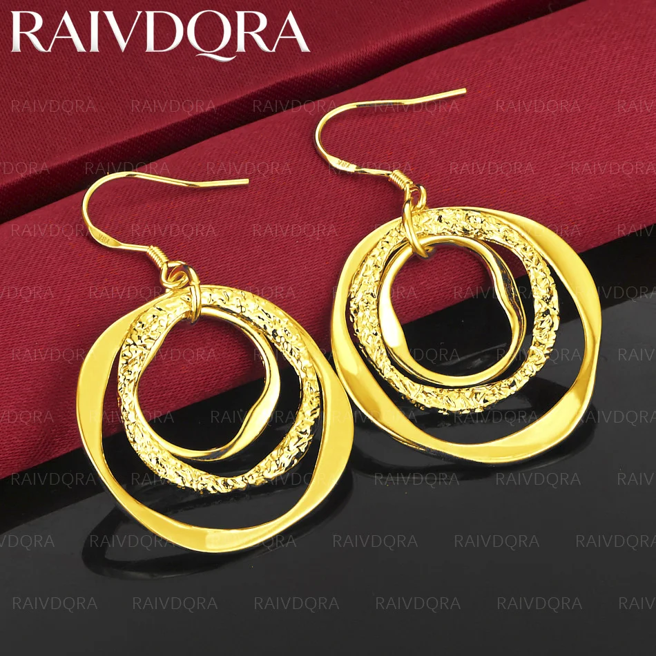 18K Gold Plated Beautiful Three Circle Ring Drop Earrings For Woman Fashion Wedding Charm Party Popular Jewelry Gift