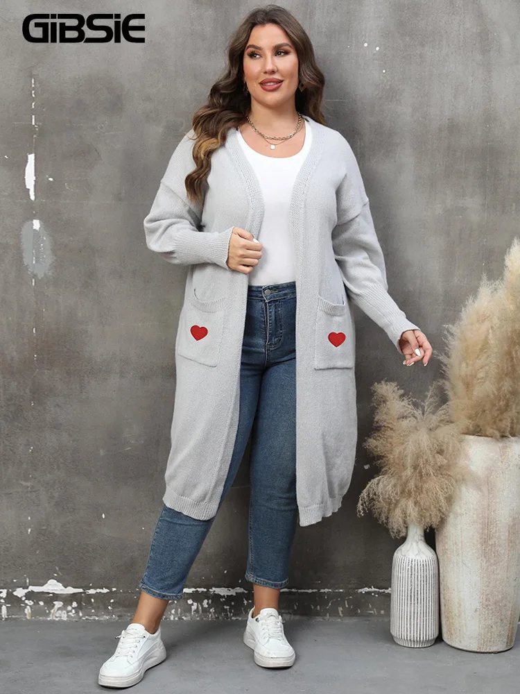 GIBSIE Plus Size Womens Casual Heart Embroidery Long Cardigan Autumn Winter Pocket Long Sleeve Knitted Sweater Coat For Woman