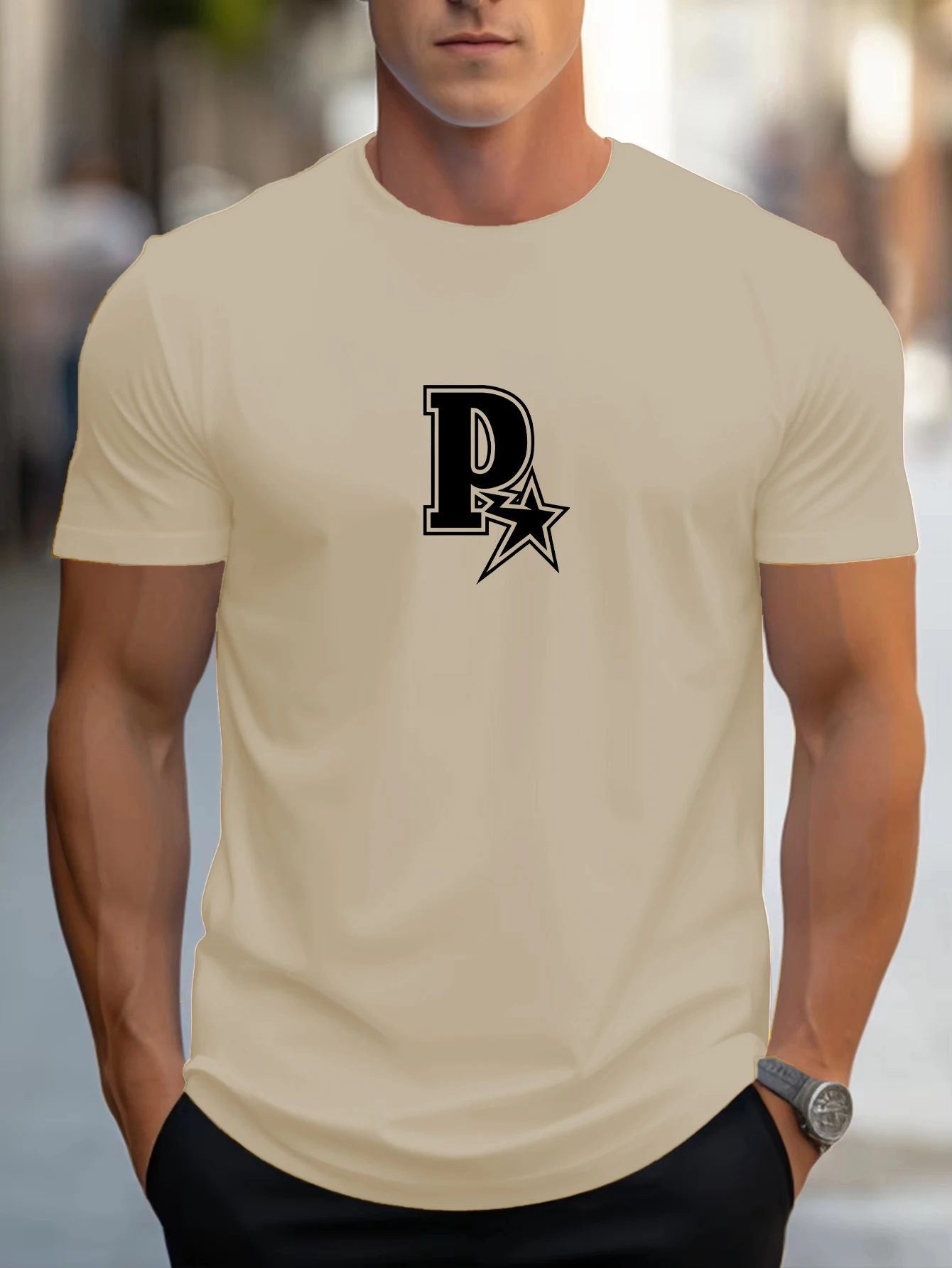 

Letter P And Star Printing T-Shirt Mens Summer Crewneck T Shirts Cotton All-Match Short Sleeve Oversized Fashion Clothes