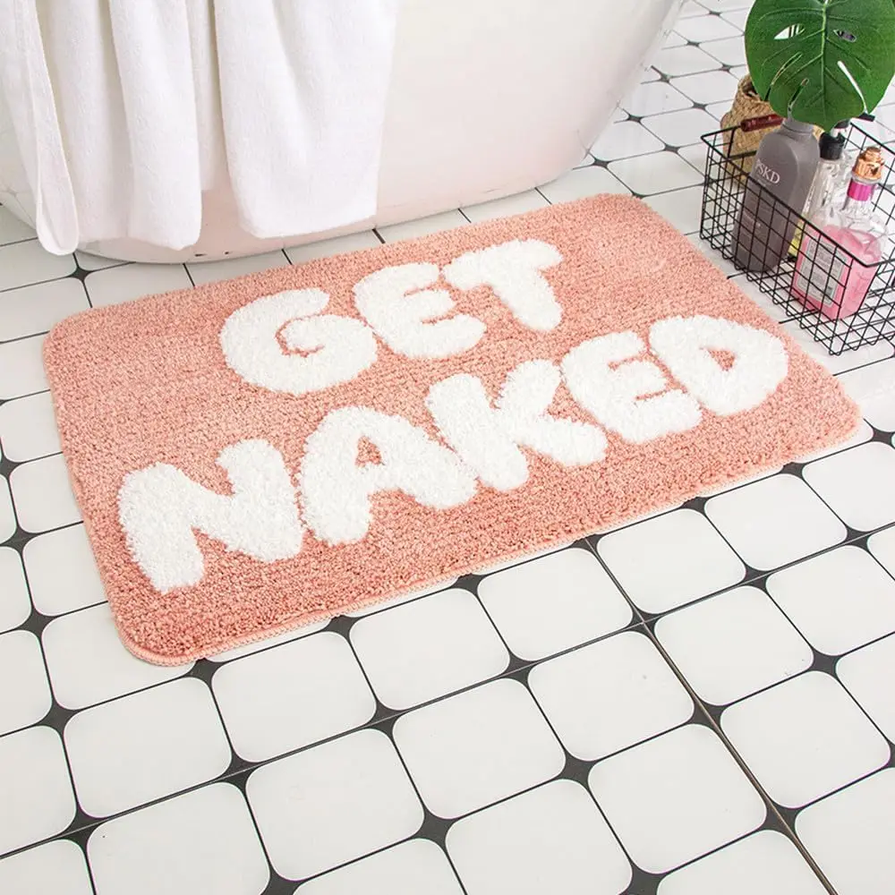 Get Naked Bath Mats for Bathroom Cozy Fluffy Letters Bath Rug Absorbent Non Slip Bathtub Mat Chic Bathroom Decor Soft Shaggy Mat