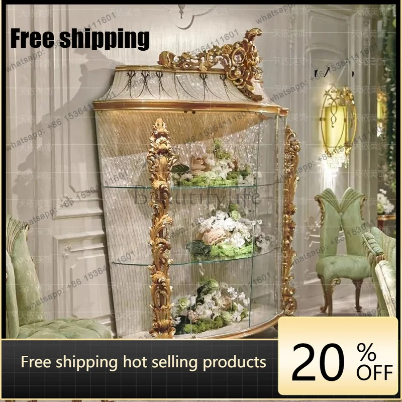 zj.French Luxury Court Wine Side Cabinet White Shell Glass Door Display Cabinet European Living Room Wine Cabinet