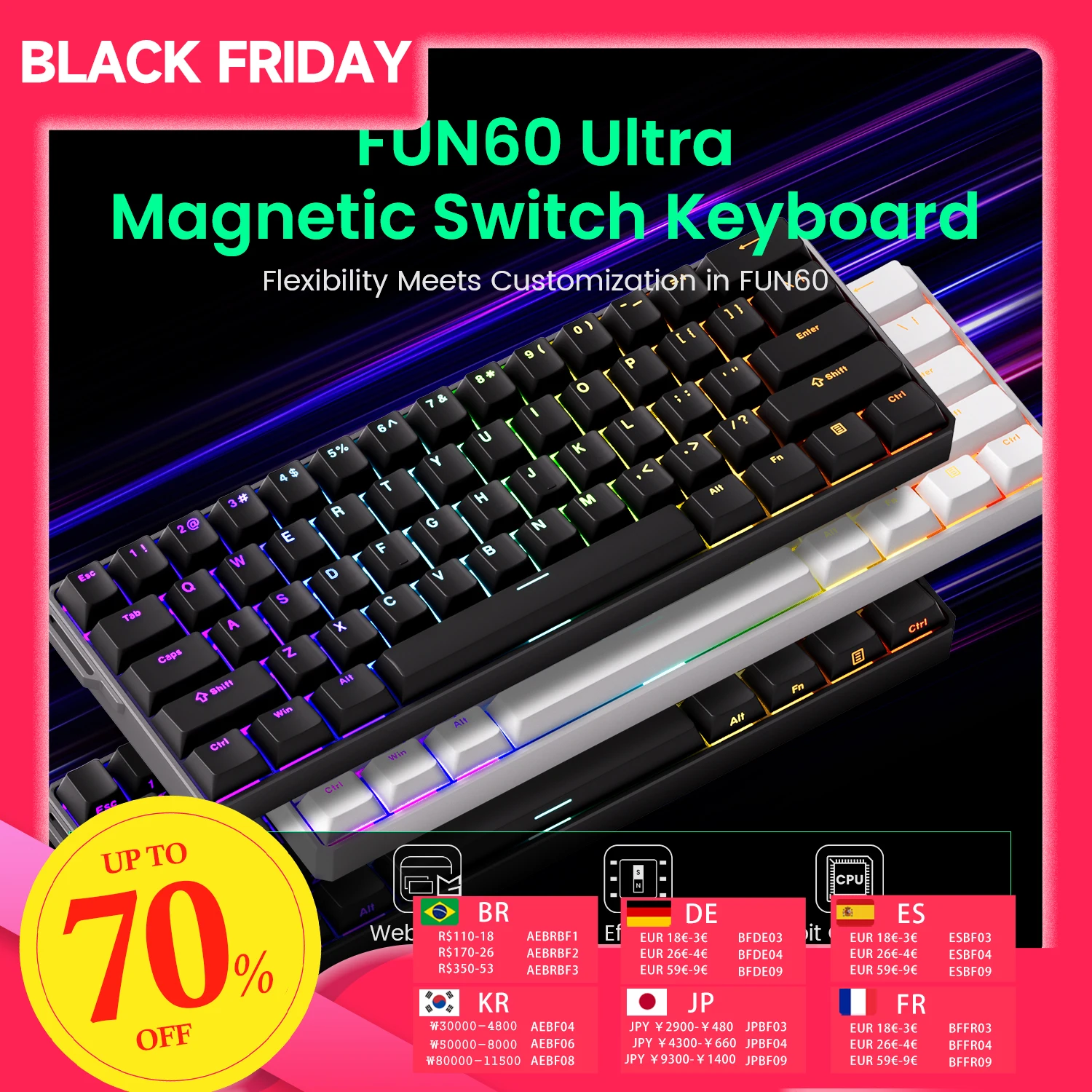 

Akko MonsGeek FUN60 Ультра Механическая игровая клавиатура Магнитный переключатель 60% Быстрый триггер 8K HE/TMR Пользовательская алюминиевая клавиатура для геймеров