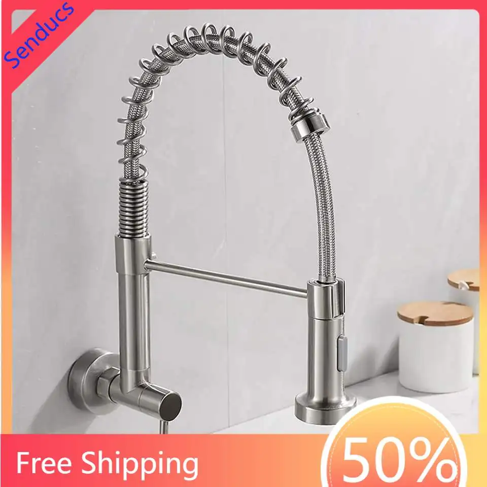 Spring Pull Down Kitchen Faucet in Wall Mounted  Stainless Steel Hot Cold Kitchen Sink Mixer Tap Rotation Spring Kitchen Faucets