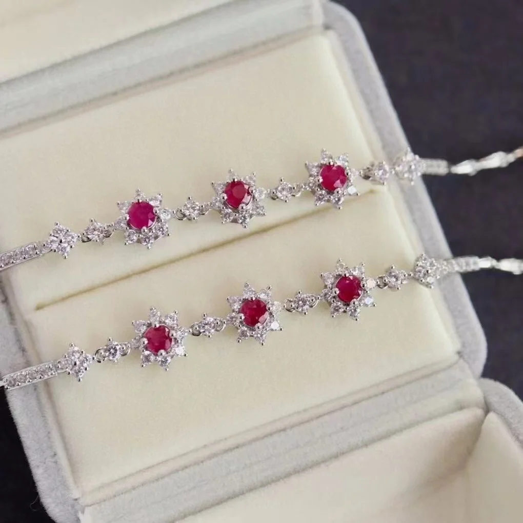 

Certificated S925 Silver Natural Pigeon Blood Ruby Bracelet Classic 3pcs Burma Ruby Cluster Set Chain Bangle Timeless Jewelry