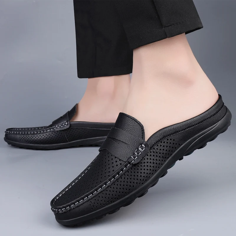 Summer Breathability Half Shoes for Men Loafers Slippers Leather Casual Driving Shoe Loafer Lightweight Flats Sandals Big Size47