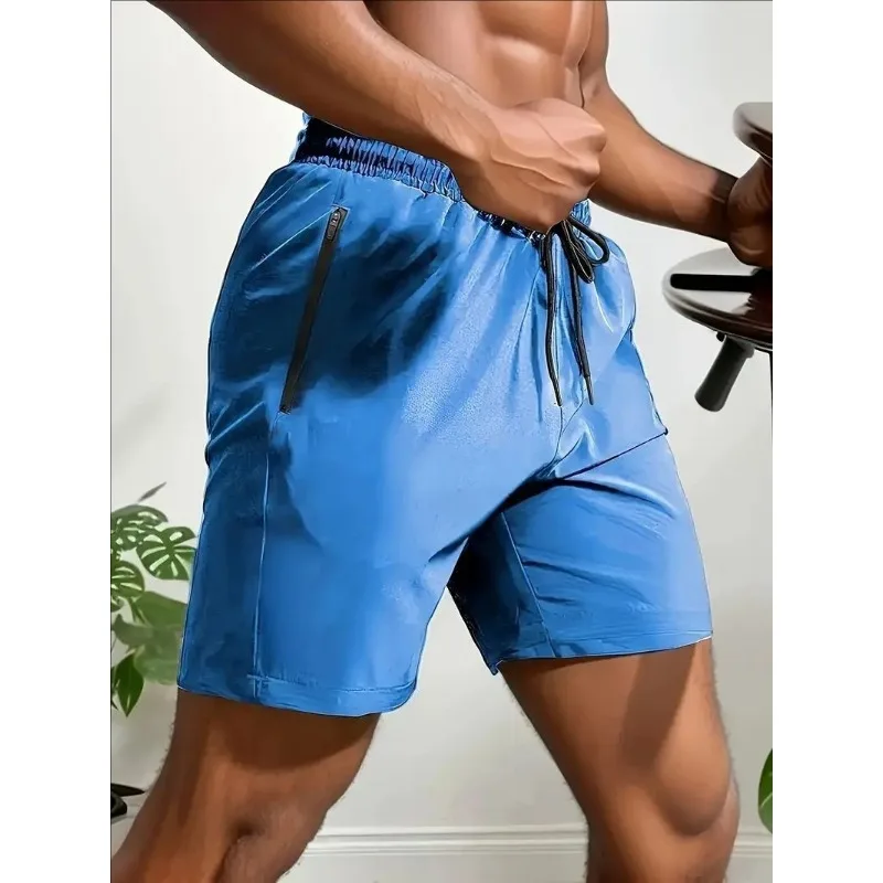 Men Quick‑dry Sports Shorts Zipper Pockets Drawstring Waist Casual Workout Short PantsS-3XL