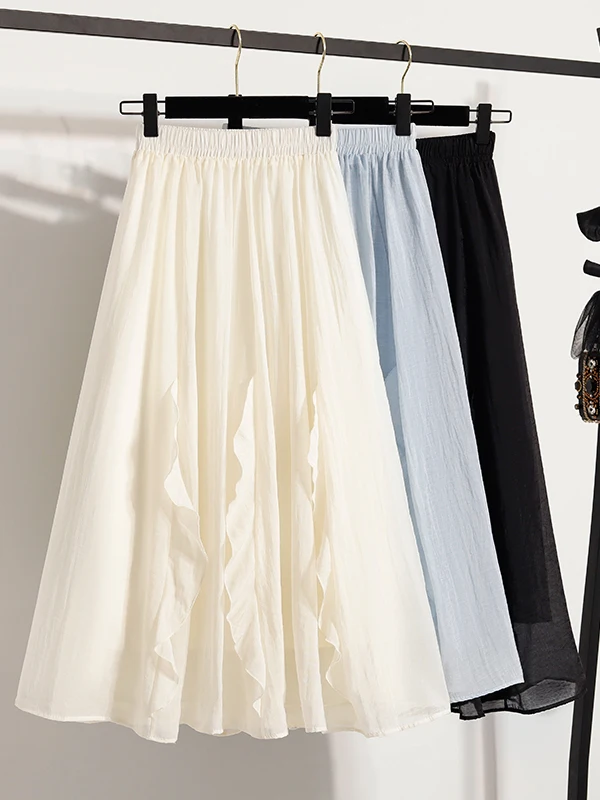 Chic Wooden  Hem Mid-Length Elastic Waist Yamamoto Skirt A-Line Korean Style Commute High Waist Daily Wear Standard Fit
