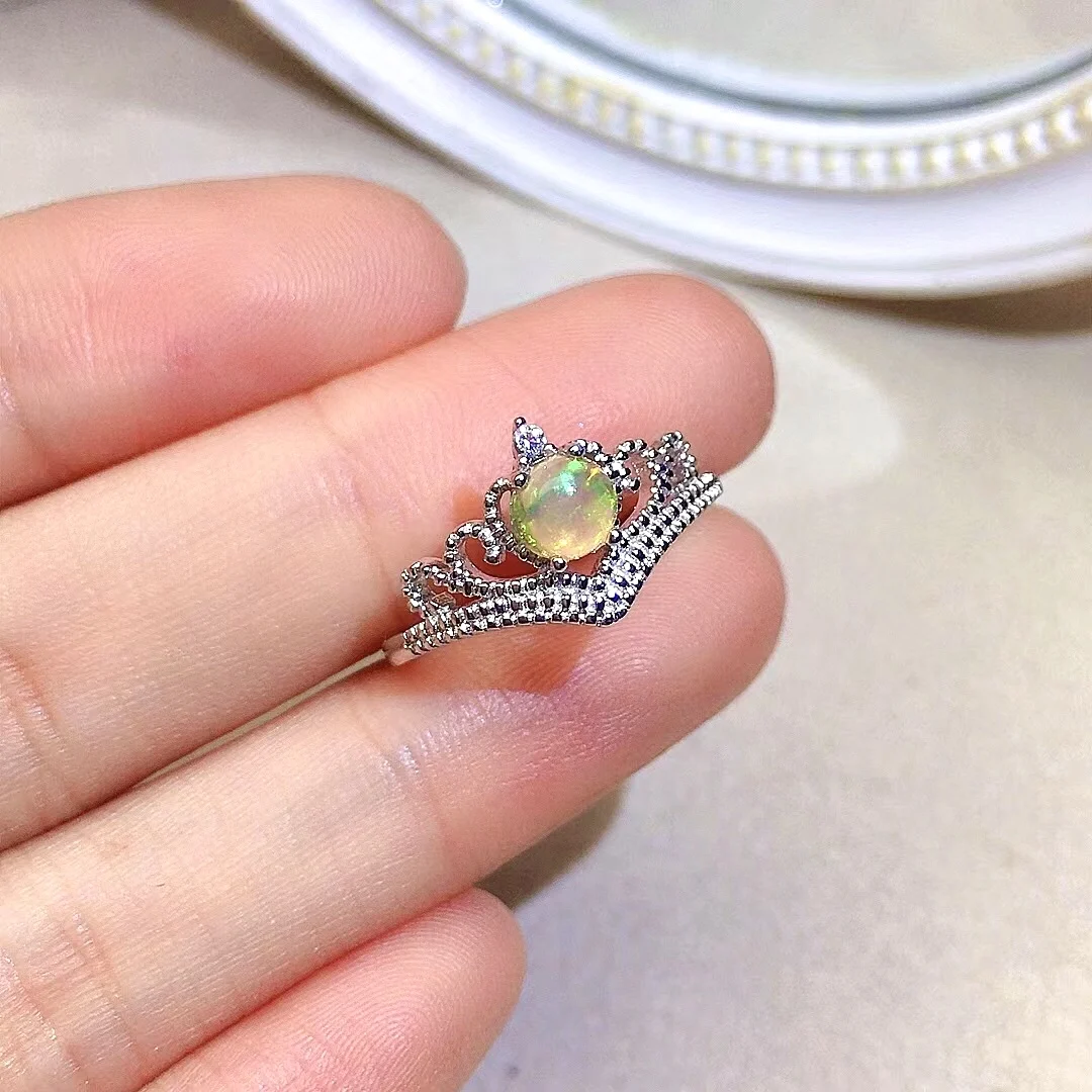 

Vintage Silver Crown Ring with Opal for Woman 5mm Natural White Opal Ring Fashion 925 Silver Opal Jewelry